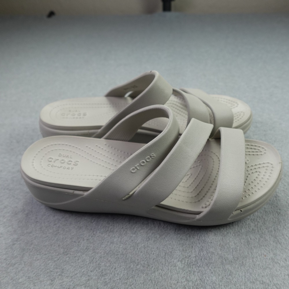 Crocs Sandals Women 11 Stucco Tan Brooklyn Low Wedge Strappy Slide